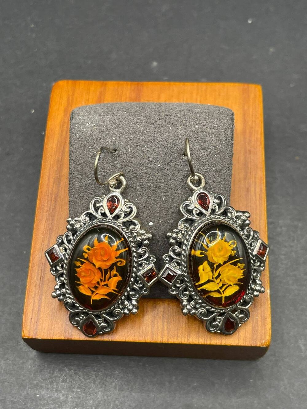 925 Sterling Silver Dangle Earrings Pressed Yellow Orange Rose Floral Cabochon